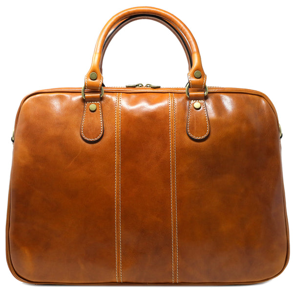The Floto Venezia Slim Italian leather briefcase is a men's business bag that is handcrafted in Italy.  This is the Venezia Slim in Olive (Honey) Brown.